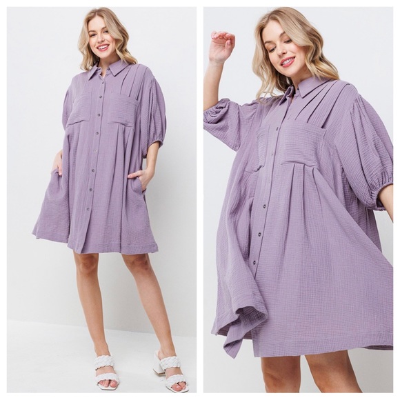 45 Boho Cotton Gauze Button Up Dress - Picture 3 of 5